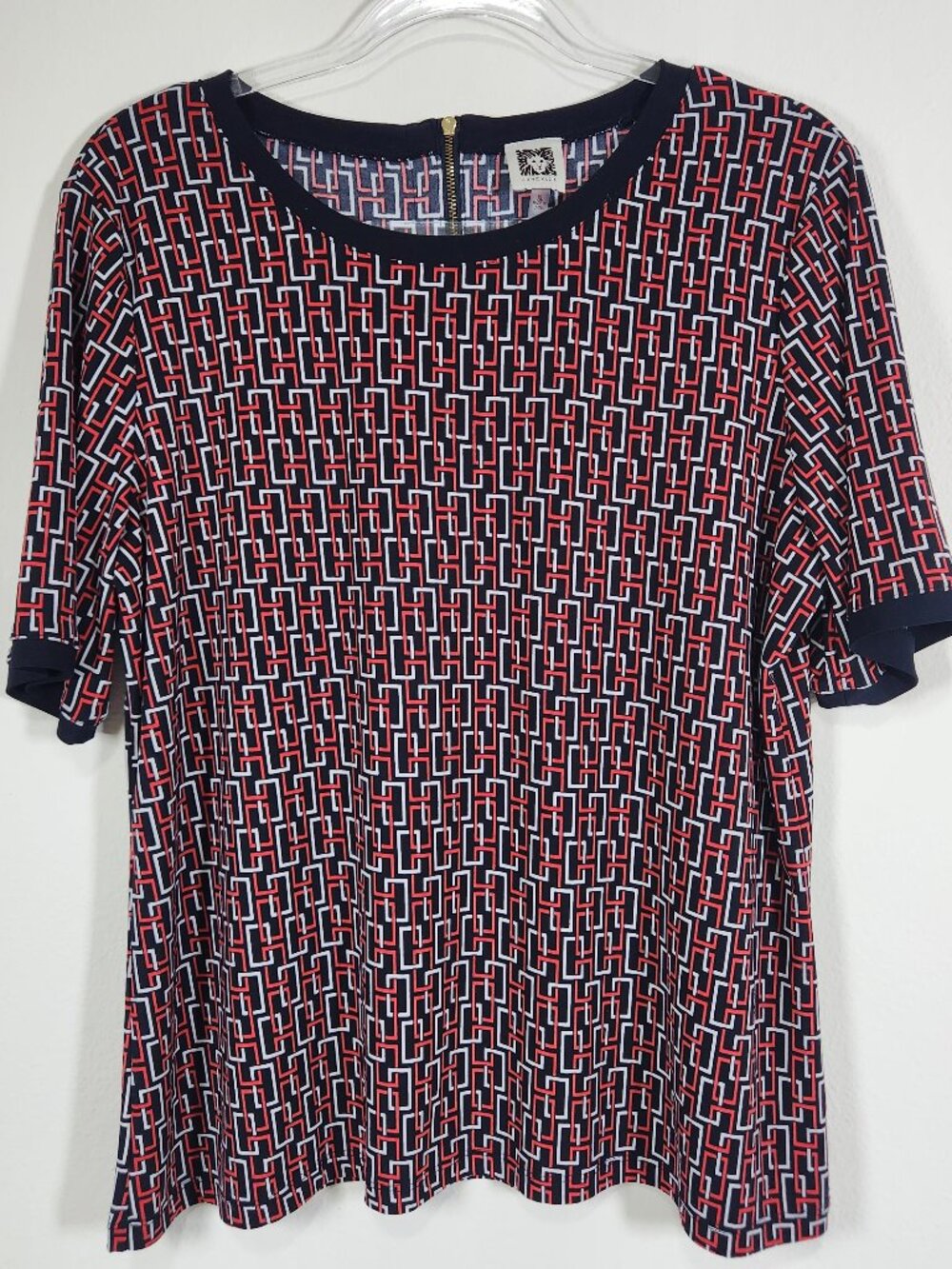 Ann Klein Womens Top Size XL Short Sleeve Navy Blue Red White Back Gold Zipper